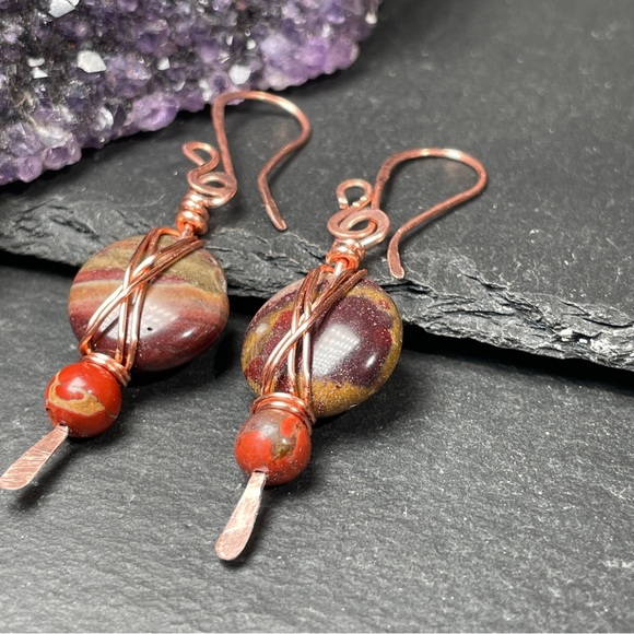Artisan Copper and Earthy Agate and Jasper Stone Earrings - Picture 7 of 14